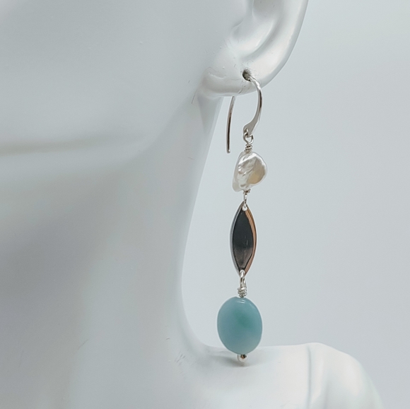 Sterling Silver Amazonite Freshwater Pearl Drop Earrings - Picture 6 of 6